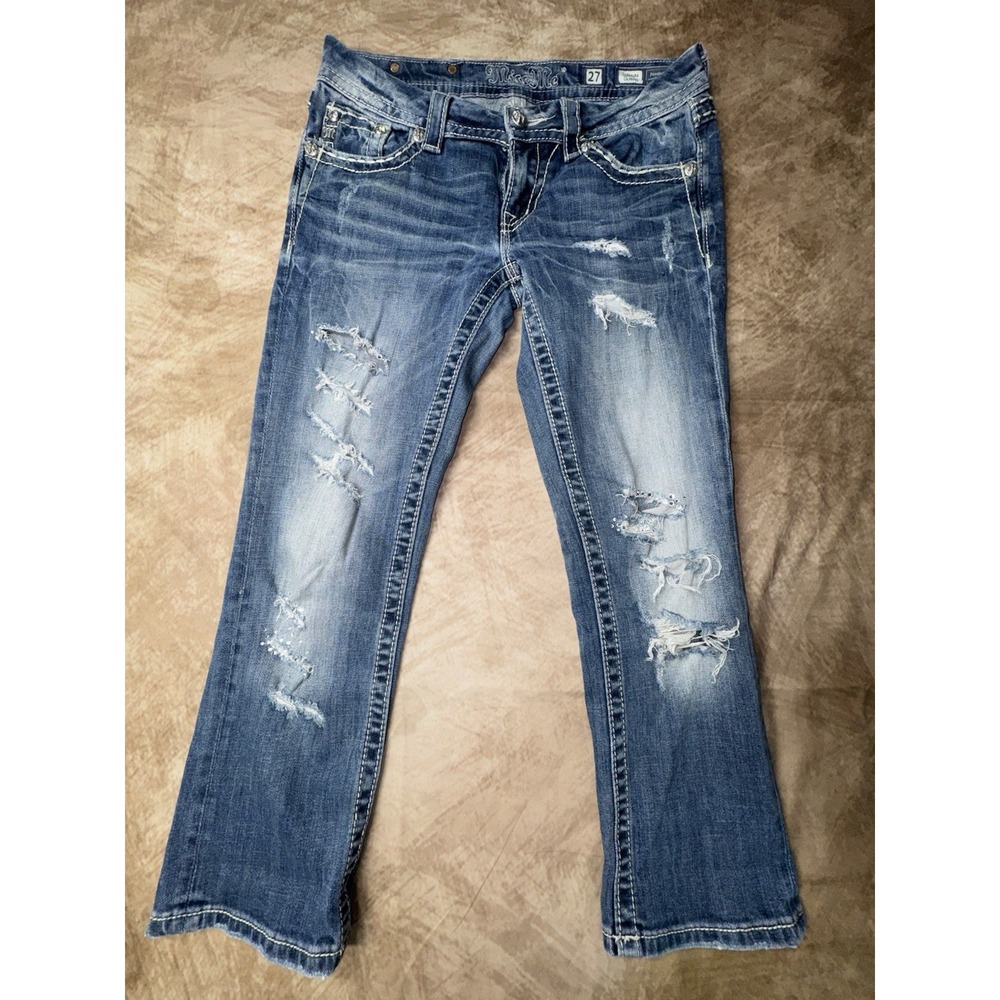 Miss Me Jeans Womens Size 27 Distressed Cropped Bling Blue  jeans